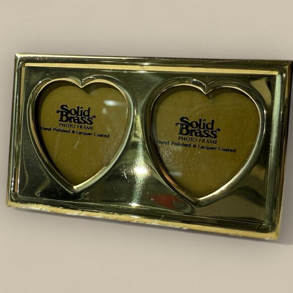 Vtg Double Picture Photo Frame 1.5x2.5 Brass Gold Metal Ornate Heart Shaped Mini - Picture 1 of 3